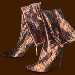 Sugar Thrillz Leopard-Print Pointed Stiletto Boots in Brown & Black